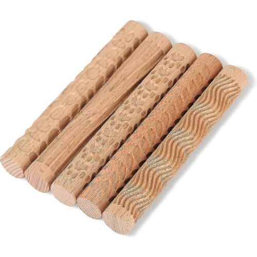 5 Piece Set Wooden Handle Pottery Tools Clay Modeling Pattern Roller Set Brown