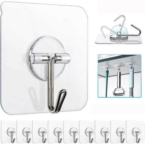 10-Pack Heavy Duty Sticky Hooks - 13lb Waterproof Transparent