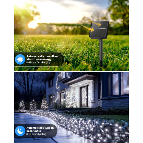 15,5 m 120 LED solcellelyskæde, kold hvid, 8 lysindstillinger, IP65