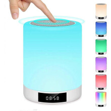 Lámpara de noche portátil recargable con pantalla táctil, altavoz Bluetooth, radio FM, despertador LED multicolor y función manos libres.