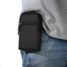 Riñonera universal negra con clip para cinturón, 6,3 pulgadas, estilo casual, de mezclilla, para senderismo, con múltiples bolsillos con hebilla.
