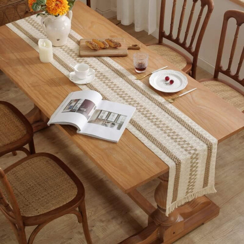 Caminho de mesa boho em algodão com franjas, 30x120cm 2