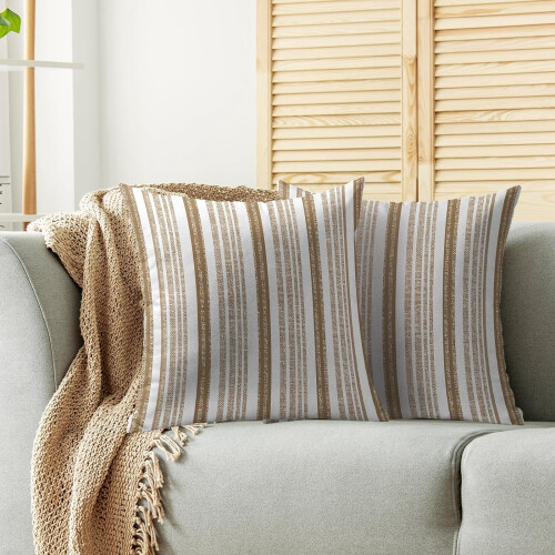 Fodere per cuscini a righe marroni, 50x50 cm, set da 2, in cotone e lino 1