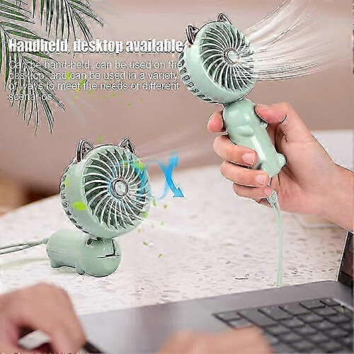 Green Cat Ear Handheld Fan - Foldable, 3 Speeds, USB Rechargeable 2