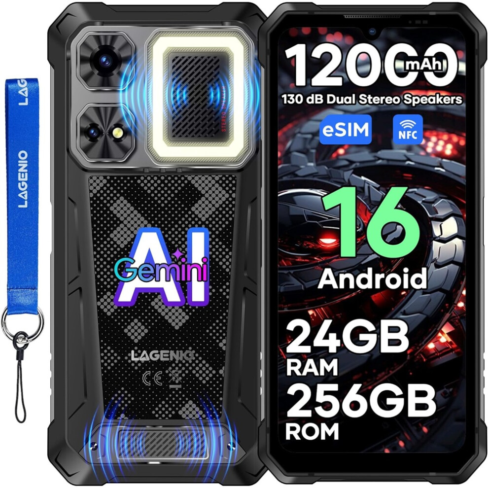 (Black) Rhino 1 Pro Unbreakable Android 16-24Gb 256Gb Rugged Mobile, 12000Mah/33W Battery, 130Db Dual Stereo Speakers, 6.9'' Hd, Black 4027021857501