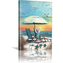 Tableau sur toile « Plage » : Tortue, mouette, coucher de soleil