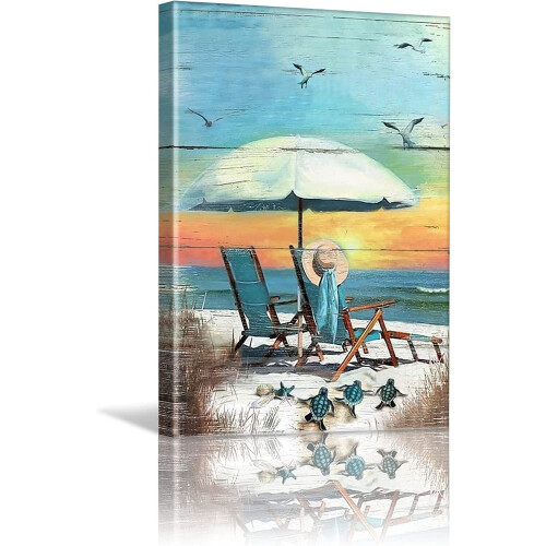 Strand-Leinwandbild: Schildkröte, Möwe, Sonnenuntergang