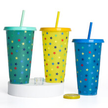 Bouteille d'eau en plastique à couleur changeante avec paille et bouchon