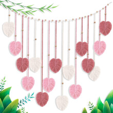 Makramee-Wandteppich, Boho-Blatt- und Federdesign, Rosa