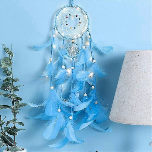 LED Dream Catcher Night Light - Handmade Feather Wall Hanging (Blue) 1