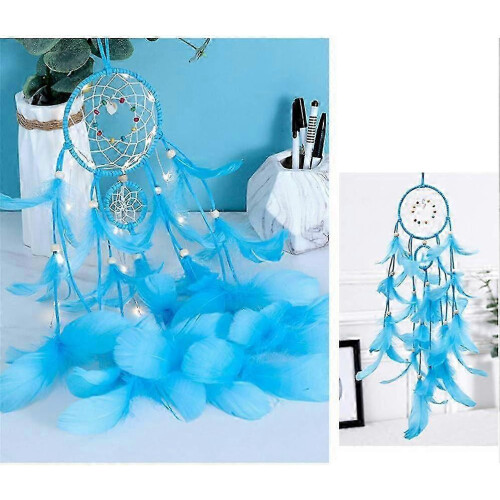 LED Dream Catcher Night Light - Handmade Feather Wall Hanging (Blue) 2