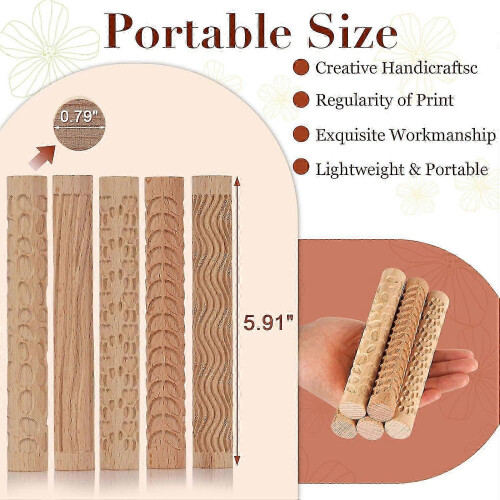 5 Piece Set Wooden Handle Pottery Tools Clay Modeling Pattern Roller Set Brown 1