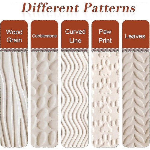 5 Piece Set Wooden Handle Pottery Tools Clay Modeling Pattern Roller Set Brown 2