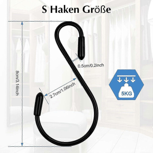 12 Pack S-Hooks Black 8cm S-Shaped Maximum Load: 5kg 1