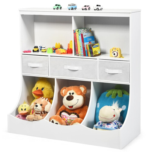 Armoire de rangement pour enfants à 3 niveaux avec 8 compartiments et tiroirs,