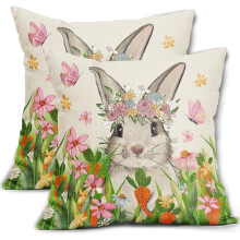 Paaskussenhoezen 16x16 Boerderijstijl Konijn Wortel Bloemen