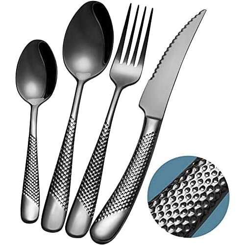 Modern Black Hammered Silverware Set 16-Pc 18/10 Stainless
