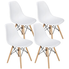 Set of 4 White Plastic Dining Chairs with Walnut Legs