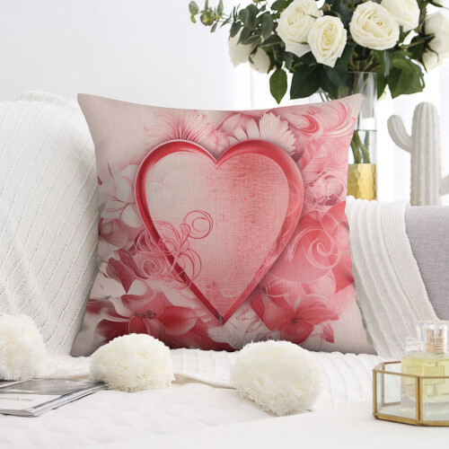 Conjunto de 2 capas de almofada decorativas com estampa de coração rosa em linho, 45x45 cm (18x18 polegadas). 2