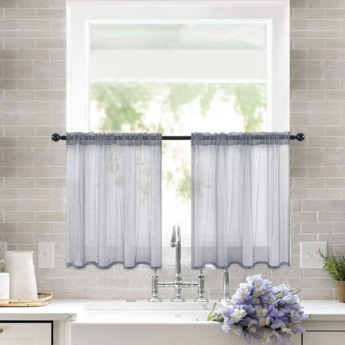 Faux Linen Sheer Curtains for Bathroom & Kitchen – 2 Pack