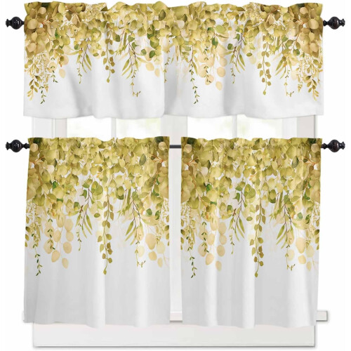 Yellow Eucalyptus Kitchen Curtain Set – Valance & 2