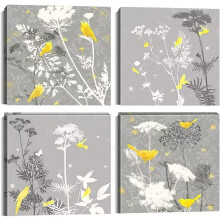 Ensemble de 4 toiles murales abstraites représentant des fleurs et des oiseaux
