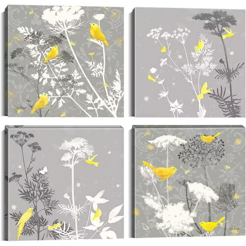 Abstraktes Blumen- und Vogel-Leinwandbild-Set – 4-teilig