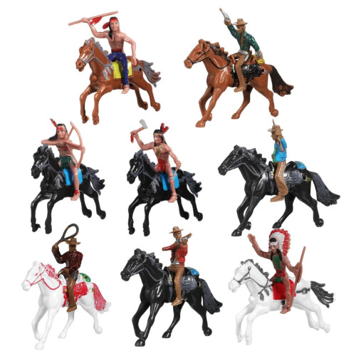 Set de 8 figuras de vaqueros del Oeste y caballos indios