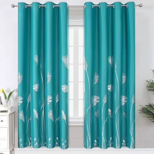 Teal Blackout Curtains Silver Palm Pattern 2 Panels 52x72