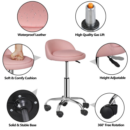 Tabouret pivotant rose avec dossier et roulettes 2