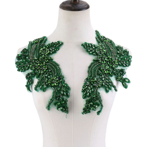 Crystals Beaded Embroidery Shoulder Applique For-grass green
