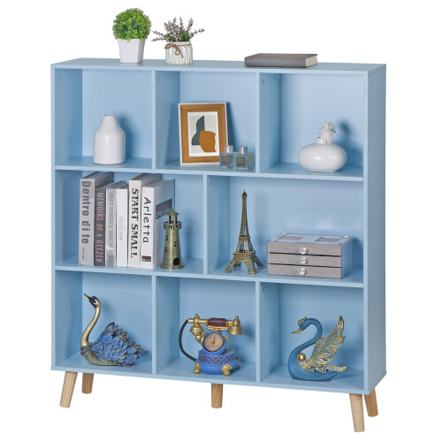 Estante em forma de cubo de madeira azul com 3 prateleiras e pés.