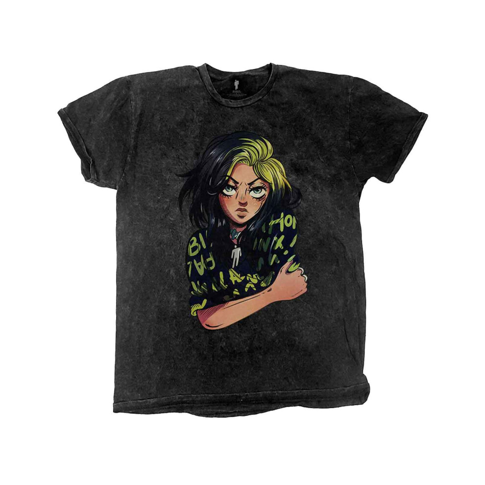 Billie Eilish (M, ) Anime Billie Dip Dye Mineral Wash T Shirt Black