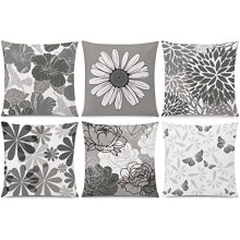 Housses de coussin à marguerites grises et rouges, coton et lin, 45 x 45 cm, lot de 6