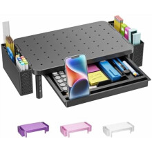 Soporte metálico para monitor con cajón y portalápices.