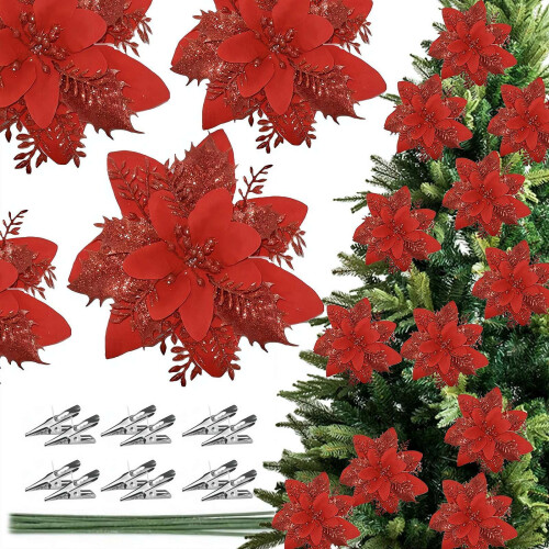 12 rote Glitzer-Weihnachtssterne mit Clips, 14 cm