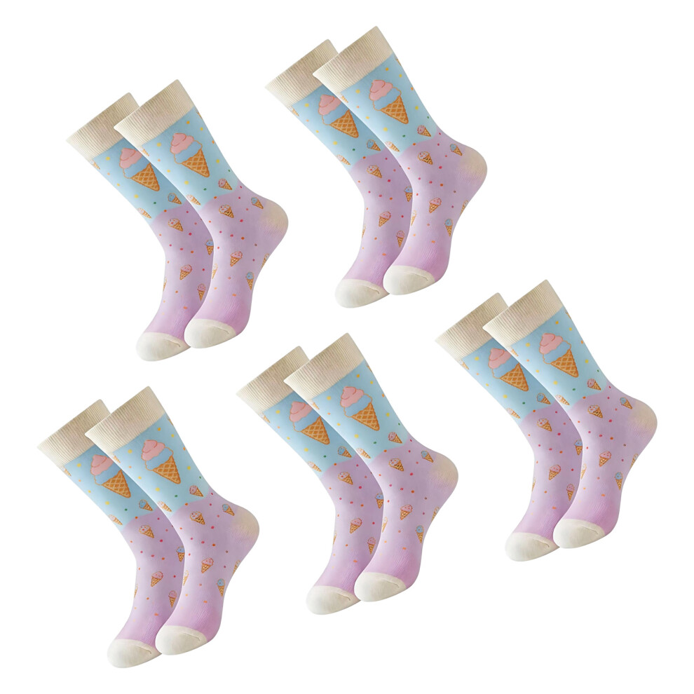 Cream 5 Pairs Ladies Cotton Athletic Socks Ice Print Soft-002