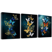 Tableau abstrait papillon en trois parties sur toile, 30 x 40 cm, bleu