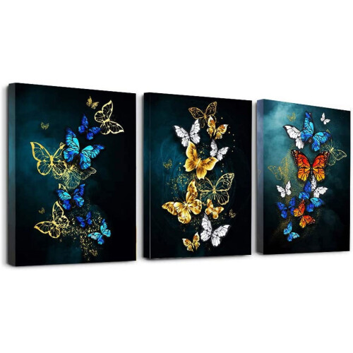 Tableau abstrait papillon sur toile bleue 3 pièces