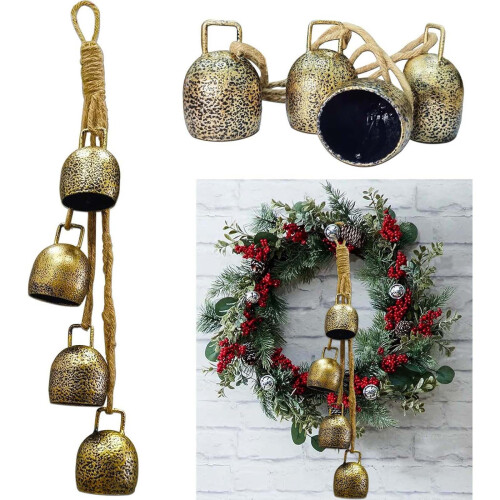 Conjunto de 4 sinos de vaca rústicos com efeito de latão para o Natal.