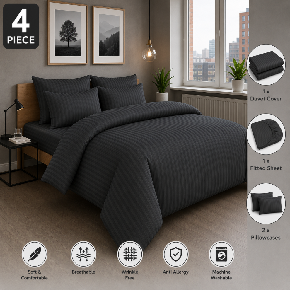 Imperial Rooms (King, Charcoal) Stripe Duvet Covers Bedding Set Fitted Sheet & Pillowcase