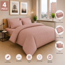 (Double, Peach) Stripe Duvet Covers Bedding Set Fitted Sheet & Pillowcase