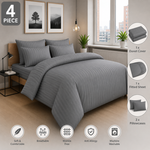 Imperial Rooms (Single, Grey) Stripe Duvet Covers Bedding Set Fitted Sheet & Pillowcase