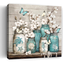 Blue Beach Canvas Wall Art 16x16in Framed Coastal Decor