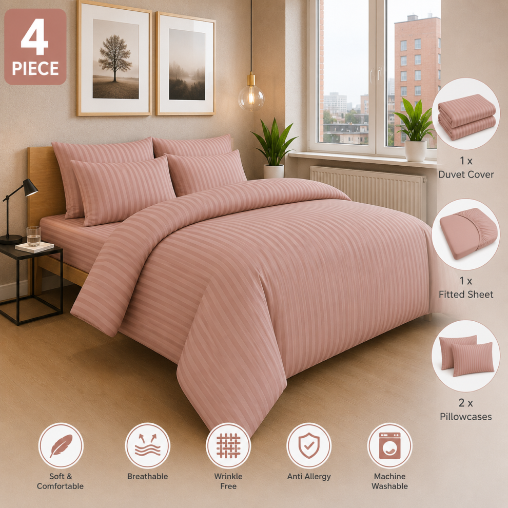 Imperial Rooms (King, Peach) Stripe Duvet Covers Bedding Set Fitted Sheet & Pillowcase