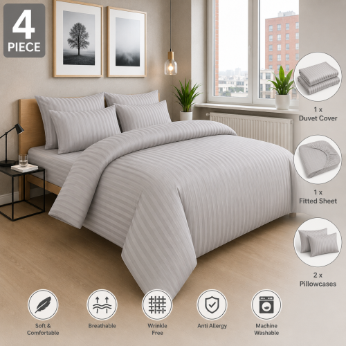 Imperial Rooms (Double, White) Stripe Duvet Covers Bedding Set Fitted Sheet & Pillowcase 2