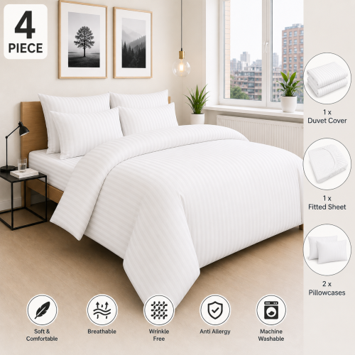Imperial Rooms (Double, White) Stripe Duvet Covers Bedding Set Fitted Sheet & Pillowcase 1