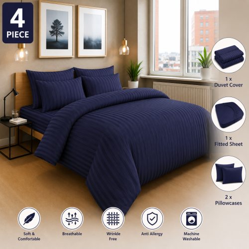 Imperial Rooms (Single , Washed Blue) Luxury Stripe Duvet Cover Bedding Set Fitted Sheet 1