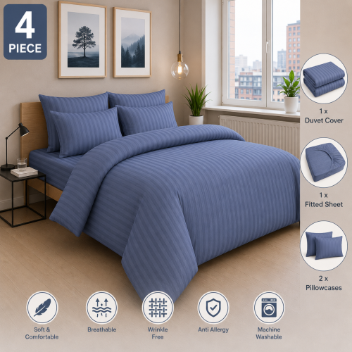 Imperial Rooms (King, Washed Blue) Luxury Stripe Duvet Cover Bedding Set Fitted Sheet 1