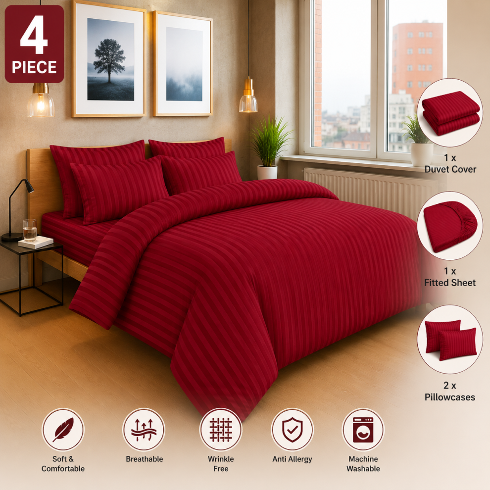 Imperial Rooms (Super King Stripe Duvet Cover Set Fitted Sheet 4Pcs Bedding Set) Red Christmas Duvet Cover Set Single Double King